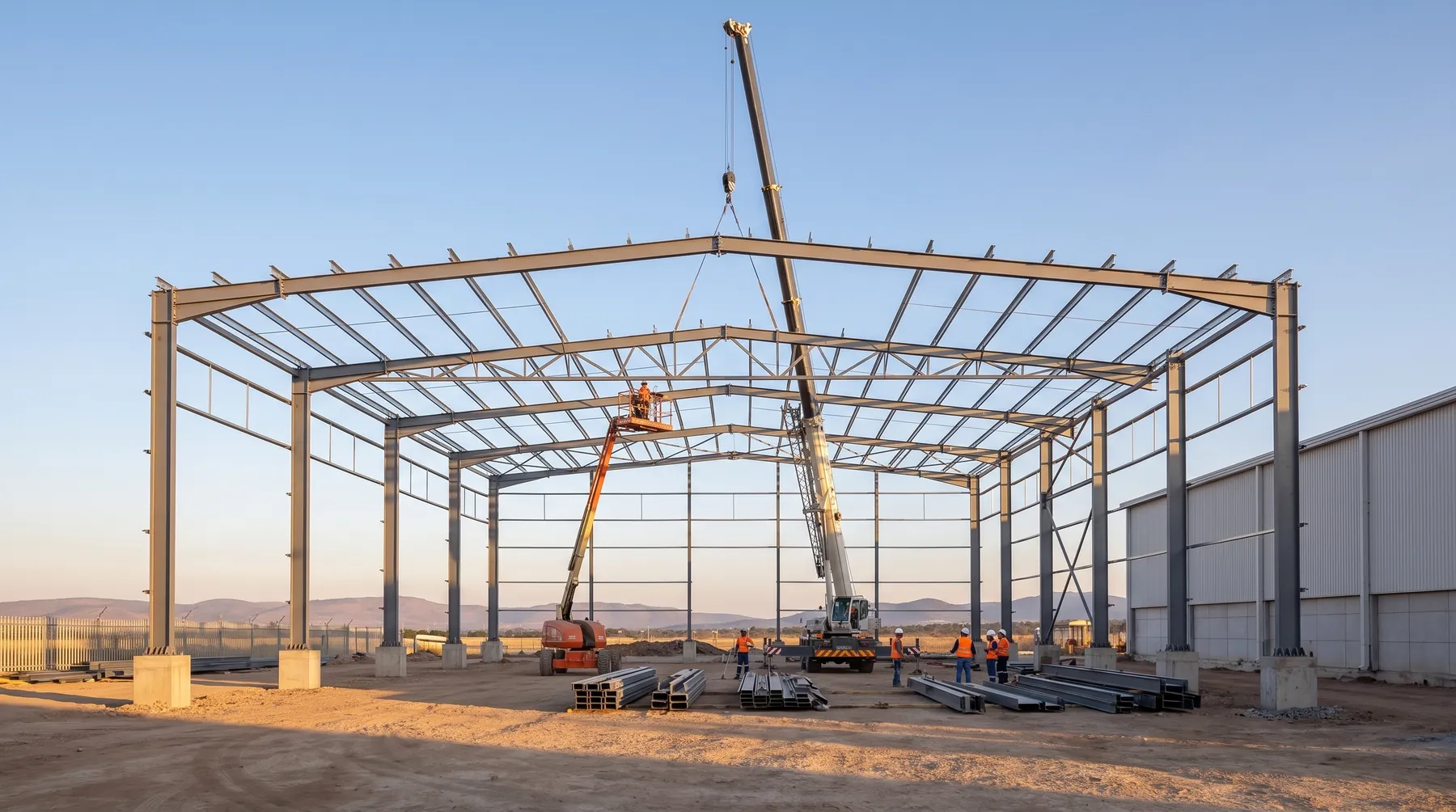 Montaje de la estructura metálica de una nave industrial, con grúa y cuadrilla trabajando en obra