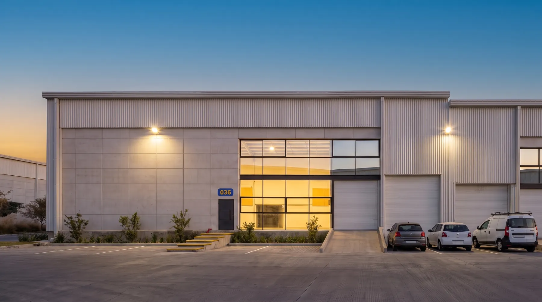 Nave industrial terminada al atardecer, con oficinas iluminadas, andén y estacionamiento